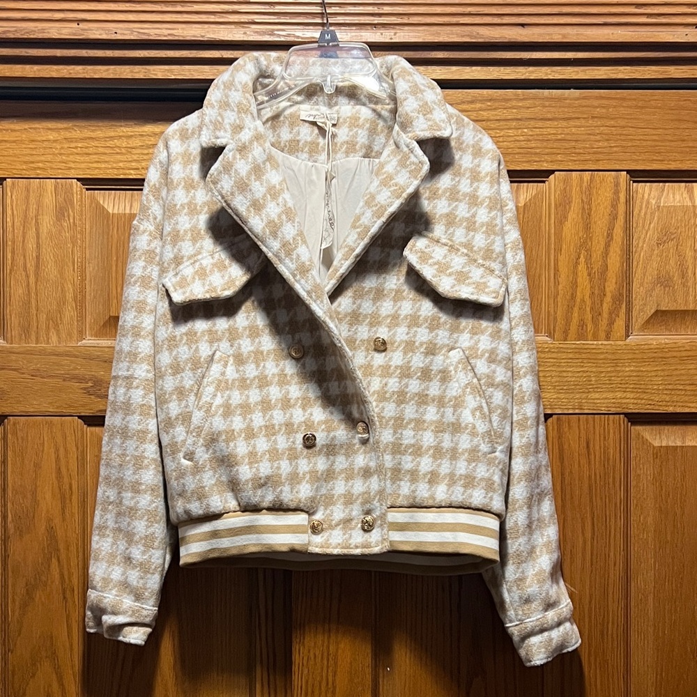 Mystree Cream and Tan Houndstooth Pea Coat